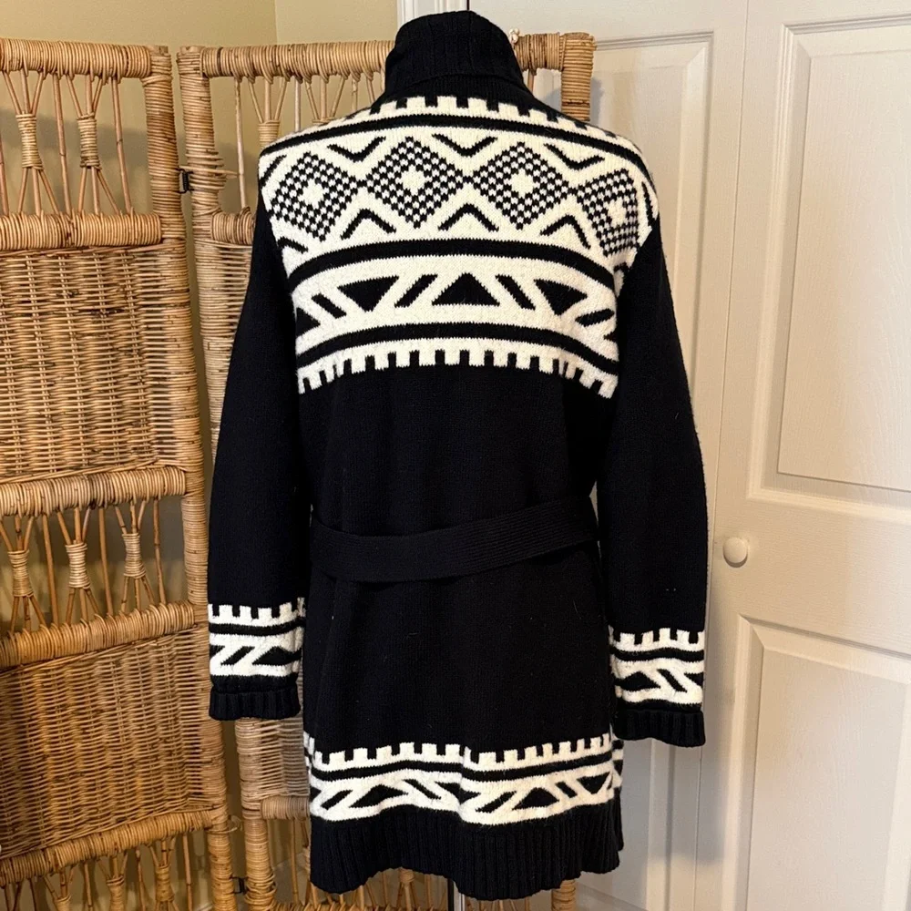 Old Navy Black & White Patterned Women's Cardigan Sweater with Belt - Picture 3 of 5